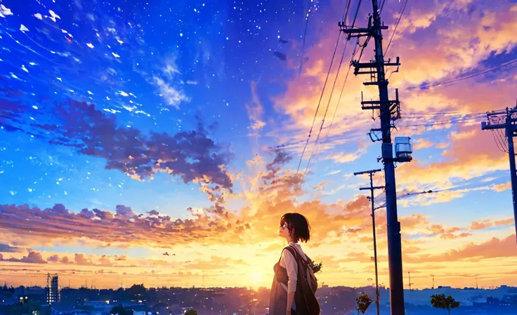 anime girl looking at the sunset with a sky background