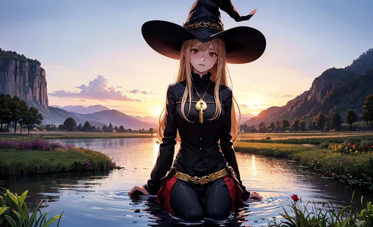 a woman in a witch hat sitting in a body of water