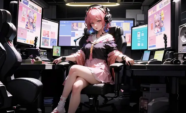 there is a woman sitting in a chair in front of a computer