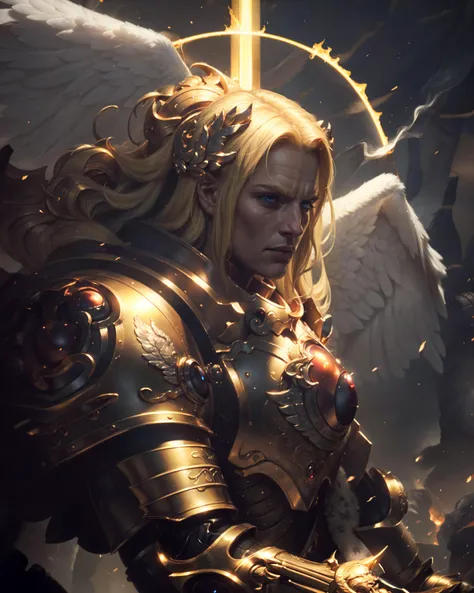 ((best quality)), ((masterpiece)), ((realistic)), (detailed), (action SHOT), octane render unreal engine, volumetrics dtx, sharp, 8k, uhd, movie poster, 1man, ((close-up)), detailed face, angelic features, ANGEL, (2wings), looking at the camera, long blond...