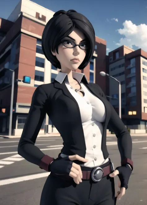 <lora:chase:1>,1girl, solo, short hair, black hair, gloves, glasses, fingerless gloves, (cowboy shot:1.3), 3d, masterpiece