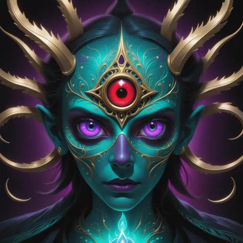 (intricate details),(****),eldritch,(nightmare),purple,(teal:1.2),(black:0.9),insane,horror (theme),glow,glowing eyes,(sparkly gold:1.2),glowing eyes,(red theme:1.2),