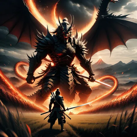 Climactic scene,a samurai with his katana standing in a field facing a distant giant dragon creature with a demonic face,glowing eyes,two outstretched wings,scaled muscular arms sharp claws,ready to start fight,intense scene,fire and air flows,8k ultrafine...