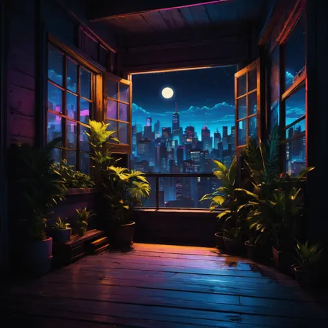 Nobody, (Night:1.2), scenery, windows, (plants:0.2), boards,masterpiece, best quality,sitting, (neon punk:0.4),night, open scene, master punk design, drama