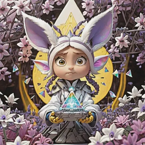 <lora:artfulltEIGHLEIGHEN2_SDXL_V:1.0>, arcanic summoner, chaotic good, minions, hologram, big ears, electric power eminates around her, pinkflowers,lavender, flowers, white flowers, irridescent, white background, outline neon, tree, pyramid, rainbow, mast...