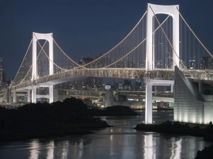 arafed bridge over a river with a city in the background