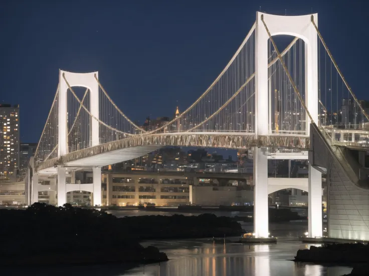 arafed bridge over a body of water with a city in the background