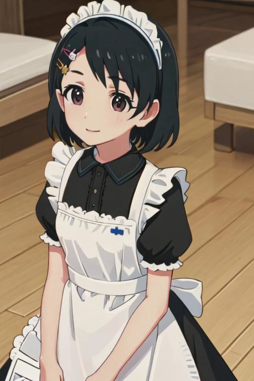 best quality, masterpiece, highres, solo, {maid:1.40}, {long maid dress:1.15}, {sasaki_chie_theidolmastercinderellagirlsu149:1.15}, black_hair, short_hair, hair_ornament, hairclip, brown_eyes, rabbit_hair_ornament, upper_body, bangs