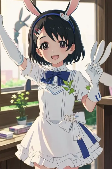 best quality, masterpiece, highres, solo, {sasaki_chie_theidolmastercinderellagirlsu149:1.15}, black_hair, short_hair, hair_ornament, hairclip, brown_eyes, rabbit_hair_ornament, upper_body, bangs, 1girl, dress, gloves, white_gloves, bow, hairband, blue_dre...