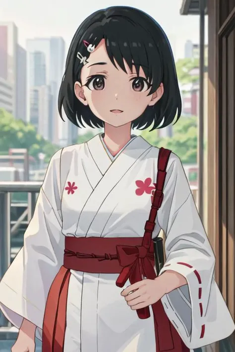 best quality, masterpiece, highres, solo, {white kimono:1.35}, {red hakama:1.35}, {wide sleeves:1.20}, {sasaki_chie_theidolmastercinderellagirlsu149:1.15}, black_hair, short_hair, hair_ornament, hairclip, brown_eyes, rabbit_hair_ornament, upper_body, bangs