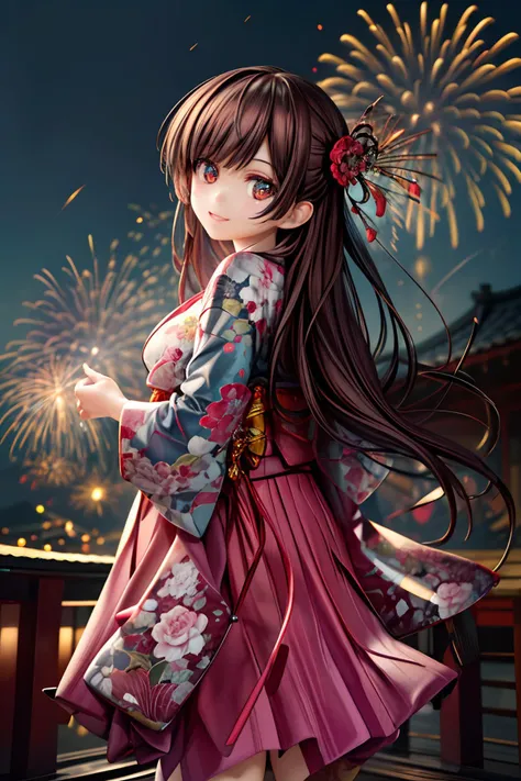 a woman in a kimono dress standing on a bridge with fireworks in the background