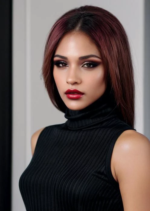 a woman with red hair and black top posing for a picture