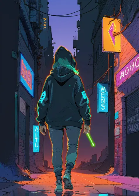 high-quality 4k hd  flat-color cartoon artwork in jmst artstyle, moebius, mgcliu
dutch angle, 
a woman with medium-length colorful hair wearing hoodie walking under a glowing neon sign in an alleyway
shadows, dramatic lighting , gradient 
[(details:1.2): [...