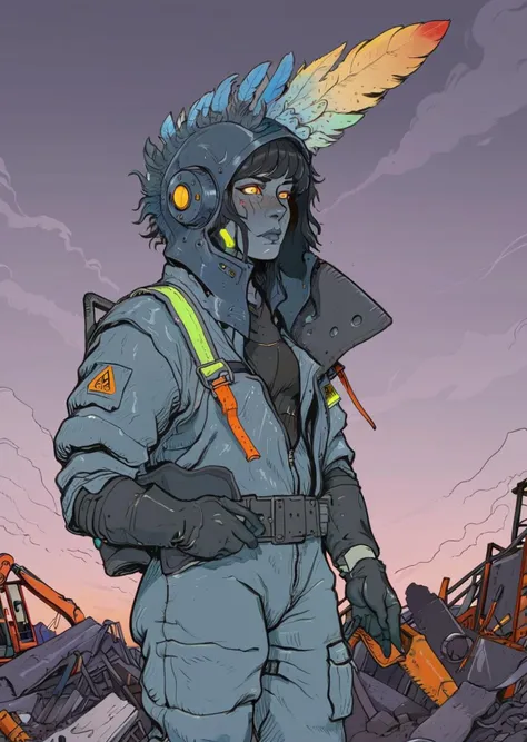 high-quality 4k hd  flat-color cartoon artwork in jmst artstyle, moebius, mgcliu
woman as a ((construction worker)) with ((feathered cut hair)) donning a biohazard suit, a protective ensemble designed to shield against harmful substances, often seen in sci...