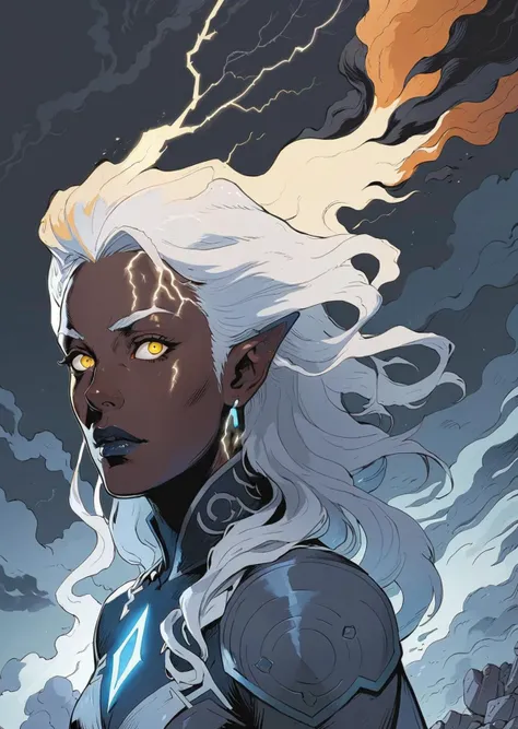 high-quality 4k hd  flat-color cartoon artwork in jmst artstyle, moebius, mgcliu
triadic color palete,
1girl
ororo munroe
storm (x-men), 
long curvy silver hair, 
glowing eyes,
casting magic
dark skin
lightning, 
thunderstorm
floating in the air
perspectiv...