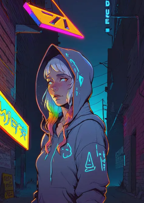 high-quality 4k hd  flat-color cartoon artwork in jmst artstyle, moebius, mgcliu
dutch angle, 
a woman with medium-length colorful hair wearing hoodie walking under a glowing neon sign in an alleyway
shadows, dramatic lighting , gradient 
[(details:1.2): [...