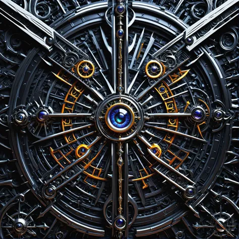 a close up of a clock with a blue eye on it