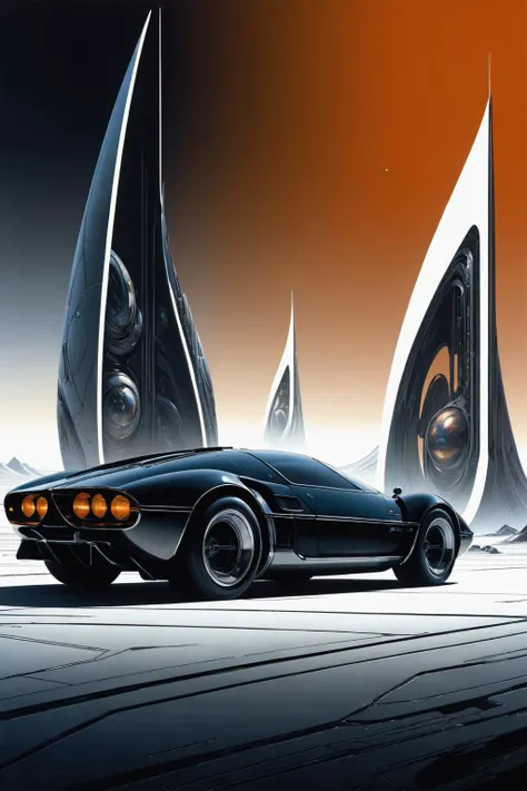 a black car is parked in front of a futuristic city