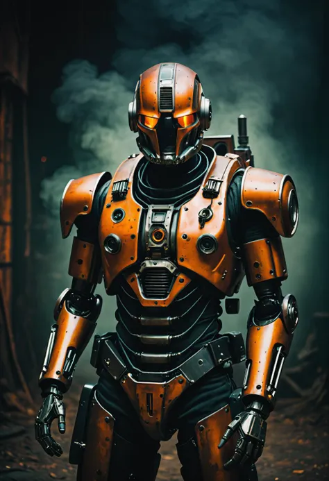 Grunge style analog film photo, Polaroid, [dark fantasy cosplay], low light, strong soldier man, with a robotic arm,, dslr, 8k, 4k, cinematic film still, (colorful orange and black fog in the background) natural skin, perfect eyes, textured skin, indoors, ...