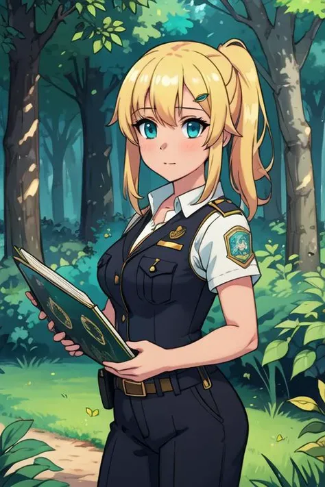 masterpiece, best quality, game cg, 1girl, solo, looking at viewer, , , , , <lora:emma_brightness:0.68>, emma_brightness, blonde hair, aqua eyes, hairclip, , , bangs, policewoman costume, An enchanted forest where magical creatures and plants abound, Blu-r...