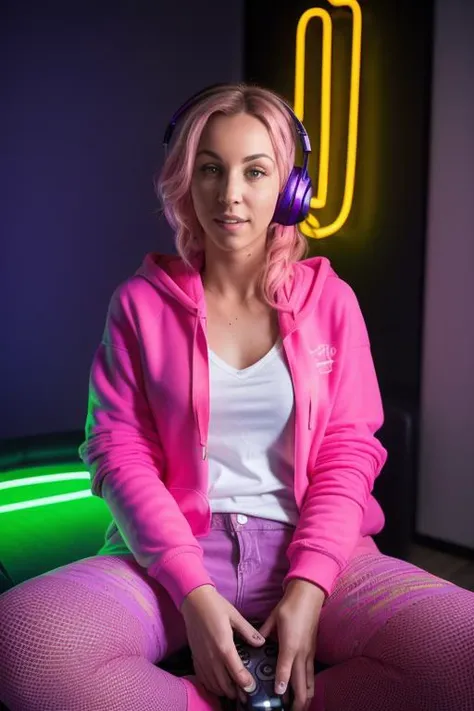 DEN_ninaq_SG,
(sitting at a computer wearing headphones and playing games (holding a controller:1.2) wearing a (hoodie:1.2) in a (neon lit room:1.3), (gamer:1.2), gaming, (gamer girl:1.3), games, (purple lighting, neon:1.2):1.1),
bokeh, f1.4, 40mm, photore...