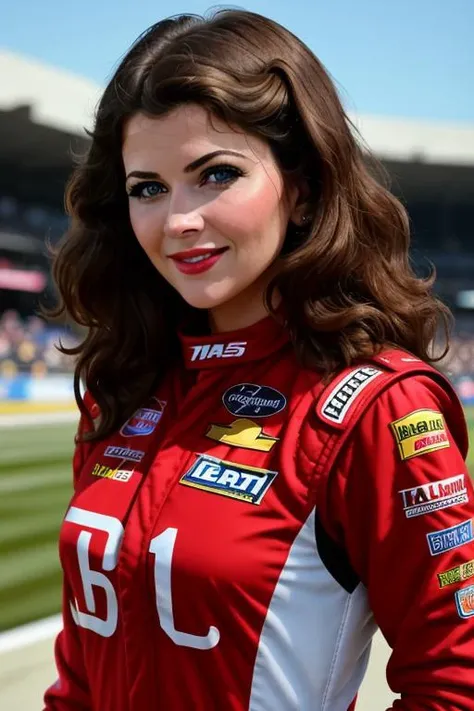 <lora:markiepost-06:0.6>, markiepost, epic, ,photo of a woman, ((nascar uniform, nascar jumpsuit, racetrack, race car, outdoors)),smiling, (red lipstick, blush), ((best quality, masterpiece, extreme details, high resolution):1.2),((detailed eyes, beautiful...