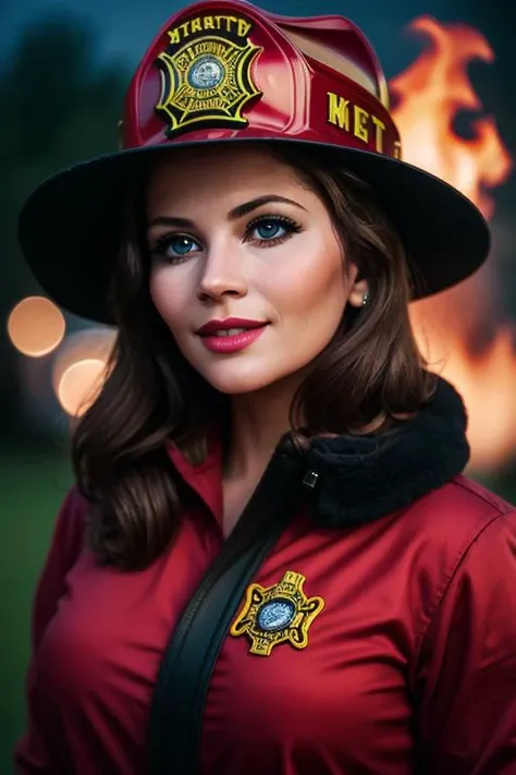 <lora:markiepost-06:0.6>, markiepost, epic, , photo of a woman, ((outdoors, fire, at night)),((firefighter uniform, firefighter hat)) smiling, (lipstick, blush, eye shadow), ((best quality, masterpiece, extreme details, high resolution):1.2),((detailed eye...