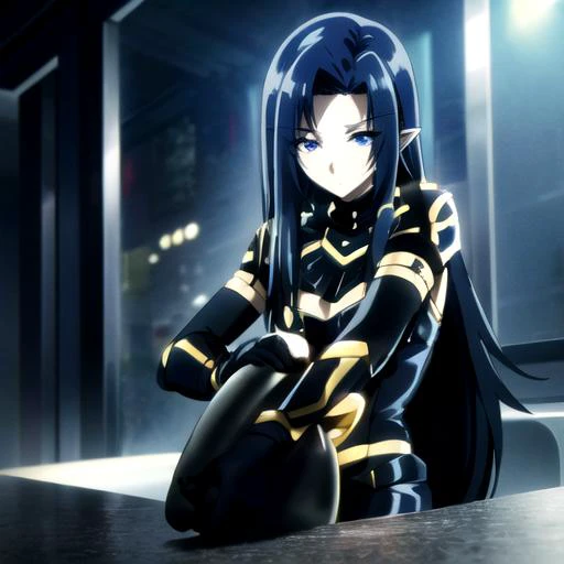 a woman in a black and gold outfit sitting on a floor