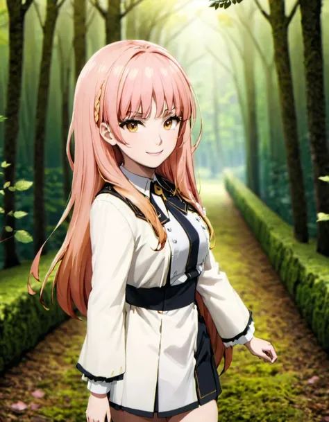 anime girl with long pink hair and a white shirt in a forest