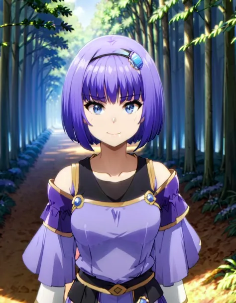 a woman in a purple dress standing in a forest