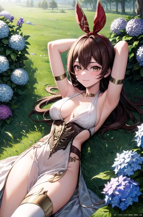 (masterpiece, best quality, detailed), 1girl, solo, looking at viewer, amberrnd, hair ribbon, brown hair, brown eyes,
<lora:GreekClothes:1>, greek clothes, peplos, laurel crown, armlet, see-through, outdoors, garden, grass, bush, night, hydrangea, lying, o...