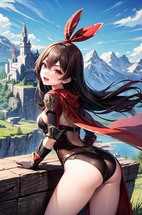 (masterpiece, best quality, detailed), 1girl, solo, looking at viewer, amberrnd, hair ribbon, brown hair, brown eyes,
king, cape, fur-trimmed cape, armor, gold, crown, gem, jewelry, white gloves, outdoors, mountain, castle, fantasy, scenery, sky, leaning f...