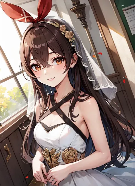 ((best quality)), ((highly detailed)), masterpiece, absurdres, (detailed eyes, deep eyes), (1girl), dutch_angle, upper body, <lora:genshinimpact_amber:1>, brown hair, long hair, hair ribbon, brown eyes, smiling, amberrnd, wedding dress, veil, (inside, <lor...