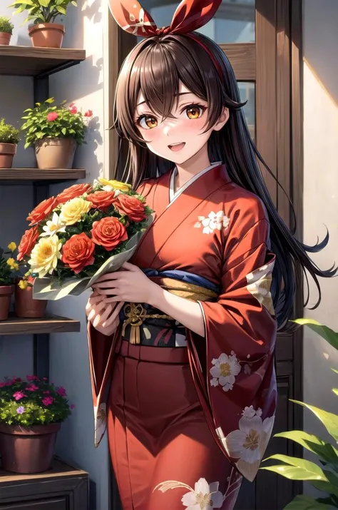 (masterpiece, best quality, detailed), 1girl, solo, looking at viewer, amberrnd, hair ribbon, brown hair, brown eyes,
yukata, kimono, obi, print kimono, japanese clothes, short kimono, hair flower, flower shop, outdoors, storefront, potted plant, plant, sh...