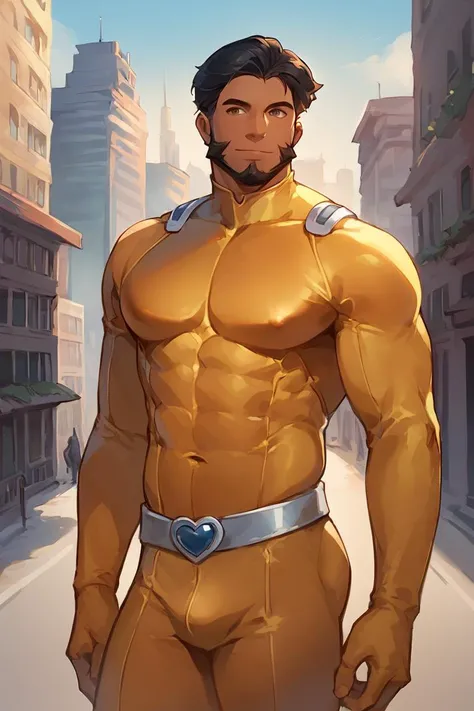 score_9, score_8_up, score_7_up, alex (totally spies), short hair, black hair, brown eyes,  beard, dark skin, yellow bodysuit, belt, 1boy, solo, male focus, mature male, looking at viewer, cowboy shot, standing, outdoors, city, building <lora:brj-alex-pony...