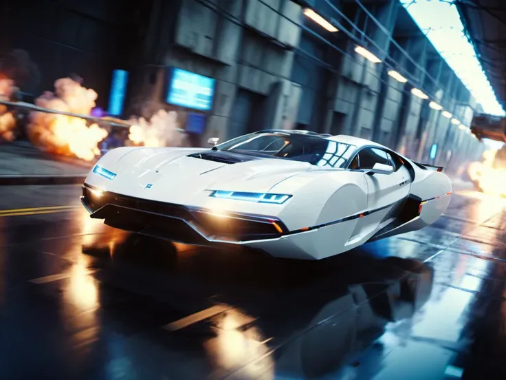 (high-speed cinematic:1.4), (dutch angle:2.9), motion blur,  (futuristic hovering vehicle:1.4), concept car, clean lines, no wheels, (cyberpunk space:1.2), (chased by robots:1.8), depth of field, motion blur, <lora:Hovering_Car_SDXL_v1:1> hovering_car, (hy...