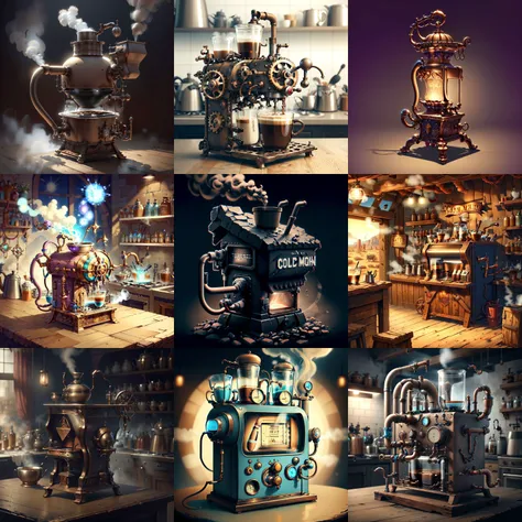<lyco:SteamPunkBundleV3:.9> steampunkai coffee machine, detailed, intricate
