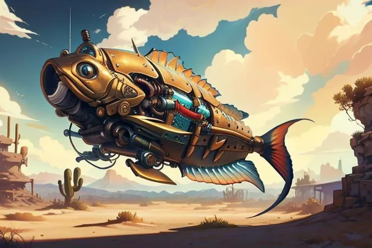 masterpiece, best quality, highly detailed, score_9, score_8_up, score_7_up, score_6_up, fish cyborg, desert, realistic,