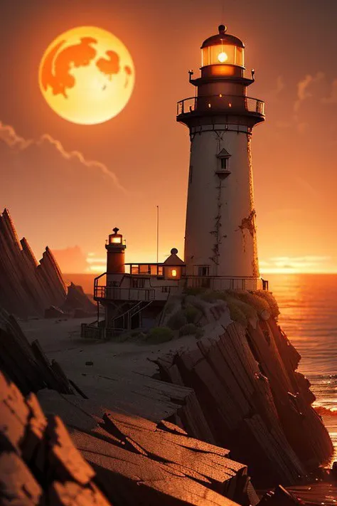 a close up of a lighthouse on a rocky shore with a full moon in the background