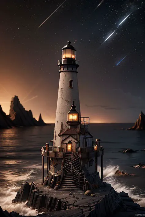 a lighthouse on a rocky shore with a star trail in the sky