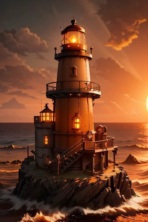 steampunkai Isolated Lighthouse, messy environment against a glowing orange sunset, ultra-detailed, Hyperrealistic, sharp focus, octane render