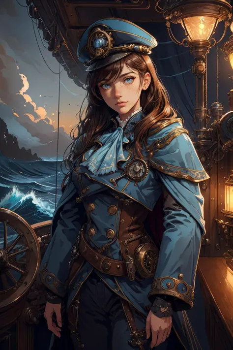 a woman in a blue uniform standing on a ship