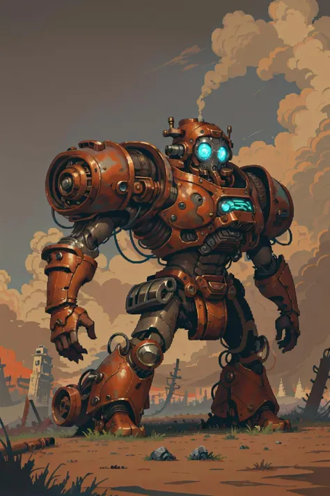 a painting of a giant robot standing in a field