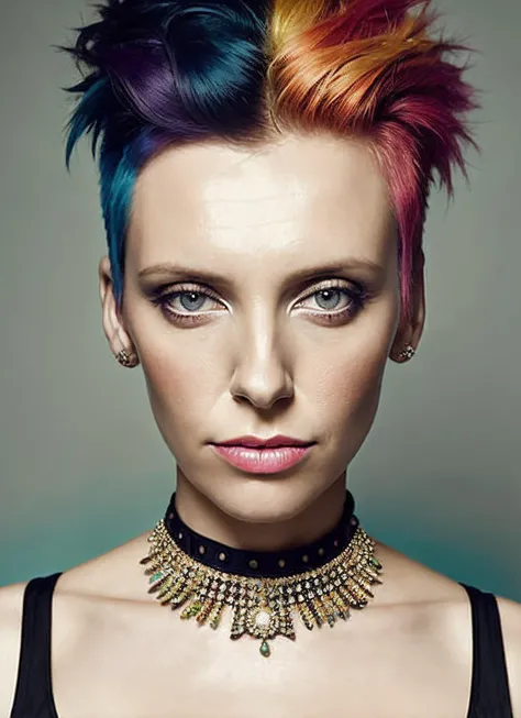 portrait of sks woman by Flora Borsi, style by Flora Borsi, bold, bright colours, rainbow Mohawk haircut, ((Flora Borsi)), <lora:locon_tonicollette_v1_from_v1_64_32:1.25>