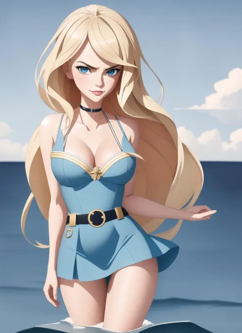 1girl seductive standing on boat,detailed face,short dress,cleavage cutout,short sleeves,belt,smile,puffy lips parted,teeth,detailed blue eyes,big eyes,long blonde hair,perfect shadow,(masterpiece),ocean sky bg,<lora:rus-girl:0.9>,<lora:3dSlider_v2:1>,