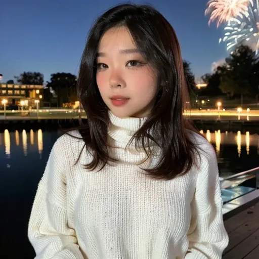 <lora:anikaauwu_sd15_512_128_64_v1:1>anikaauwu,1girl,looking at viewer, new years eve party fireworks in background, wearing a turtleneck sweater