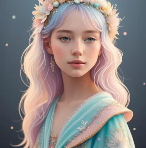 princess girl with wing, blue, pastel, glitter, dramatic, dreamy, pastel, watercolor, whimsical, delicate, seashell crown, trend...