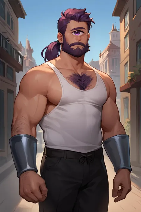 score_9, score_8_up, score_7_up, turanga_leela, ponytail, short hair, white tank-top, black pants, bracer, beard, cyclops, purple eyes, chest hair, 1boy, solo, male focus, mature male, looking at viewer, cowboy shot, standing, outdoors, city, building <lor...