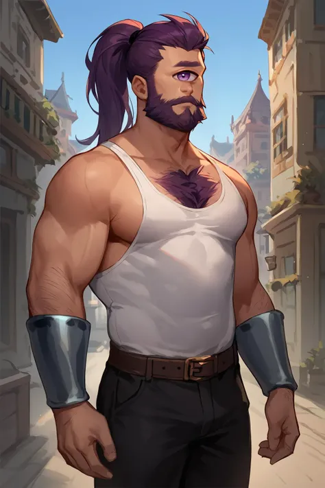 score_9, score_8_up, score_7_up, turanga_leela, ponytail, long hair, white tank-top, black pants, bracer, beard, cyclops, purple eyes, chest hair, 1boy, solo, male focus, mature male, looking at viewer, cowboy shot, standing, outdoors, city, building <lora...