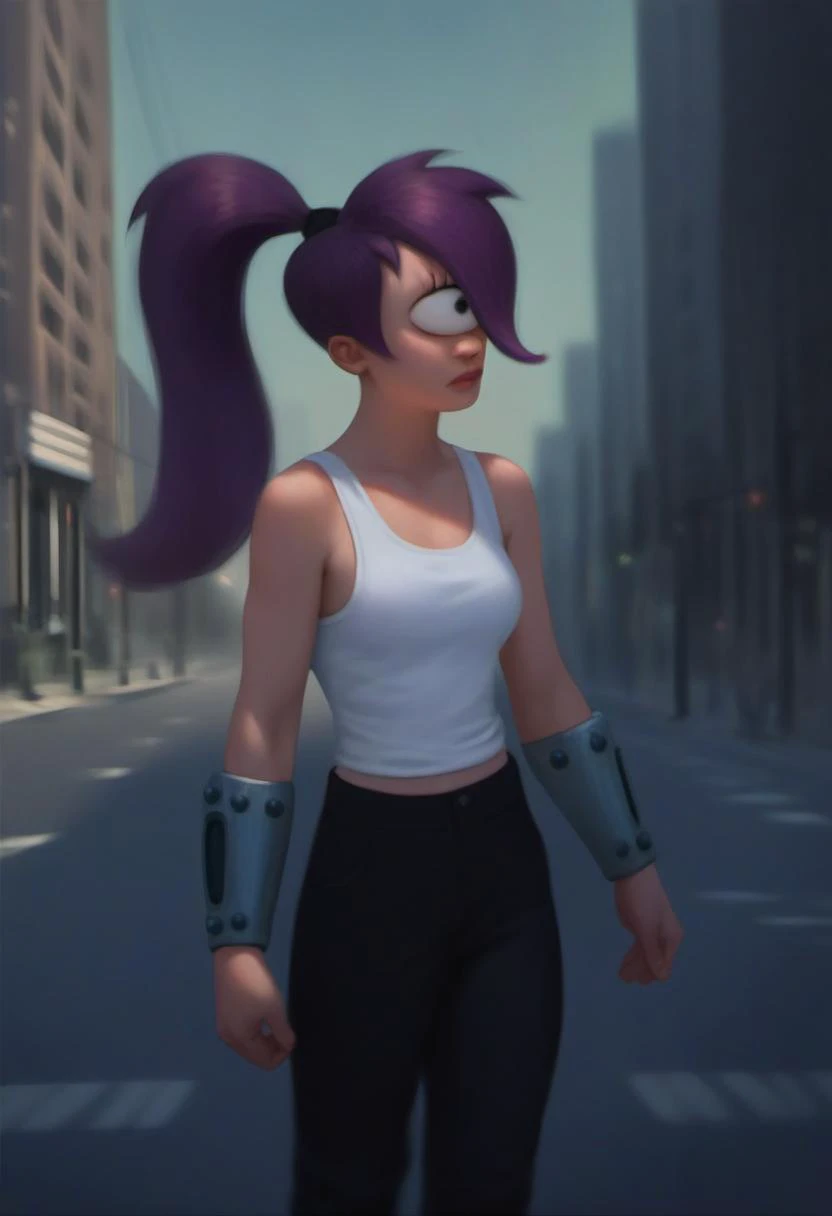 rating_safe,  source_cartoon, digital media (artwork), detailed, <lora:Turanga_Leela_for_PonyXL:1>, turanga_leela, 1girl, solo, ponytail, long hair, parody, flat color, standing on a city street, white tank-top, black pants, bracer, score_9, score_8_up, sc...